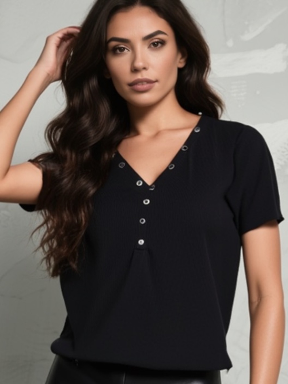 Basic V Neck Top Blouse Shirt Stretch Fitted Black 1/2 Snap Buttons Knit